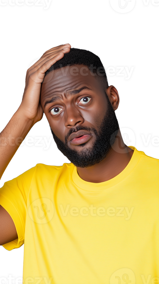 Confused man in yellow shirt scratching head and thinking on transparent background png