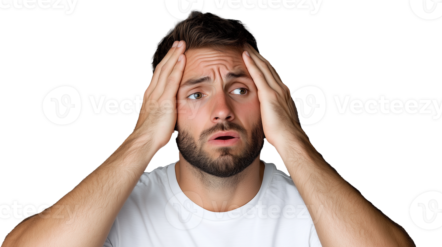 Worried man holding head in hands and looking concerned on transparent background png