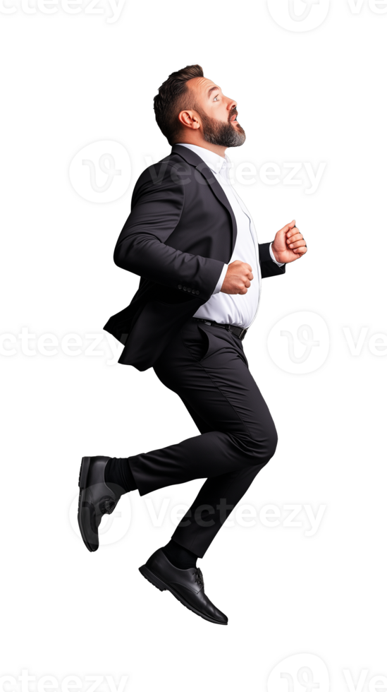Man in black suit jumping forward with serious expression on transparent background png
