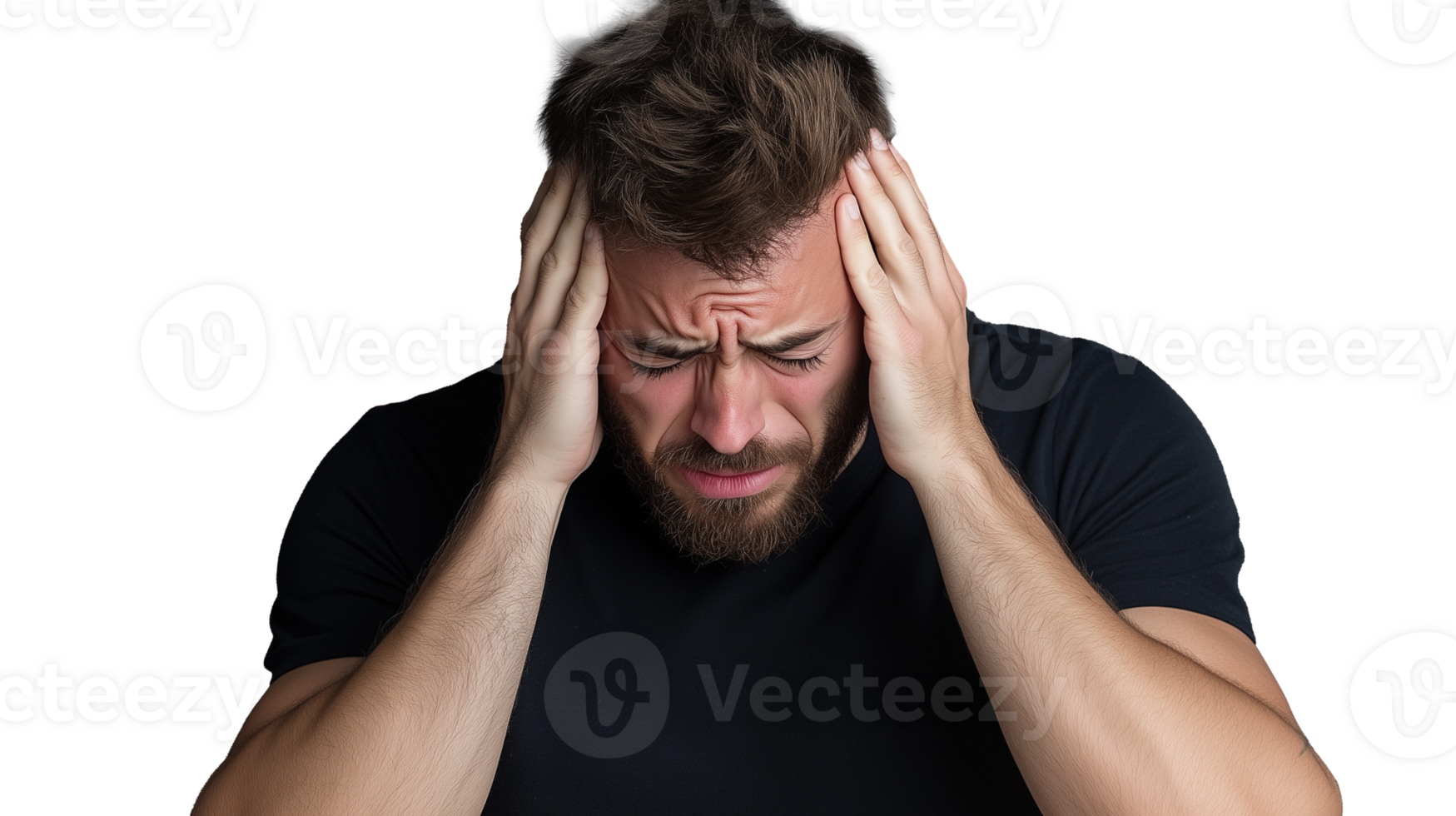 Frustrated man holding head in hands, looking overwhelmed on transparent background png