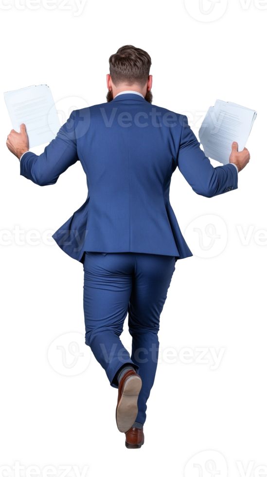 Businessman in blue suit running with papers in hand on transparent background png