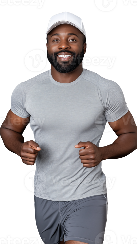 Smiling man in workout gear jogging in place on transparent background png