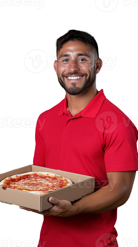 Smiling man in red shirt holding pizza box on transparent background png