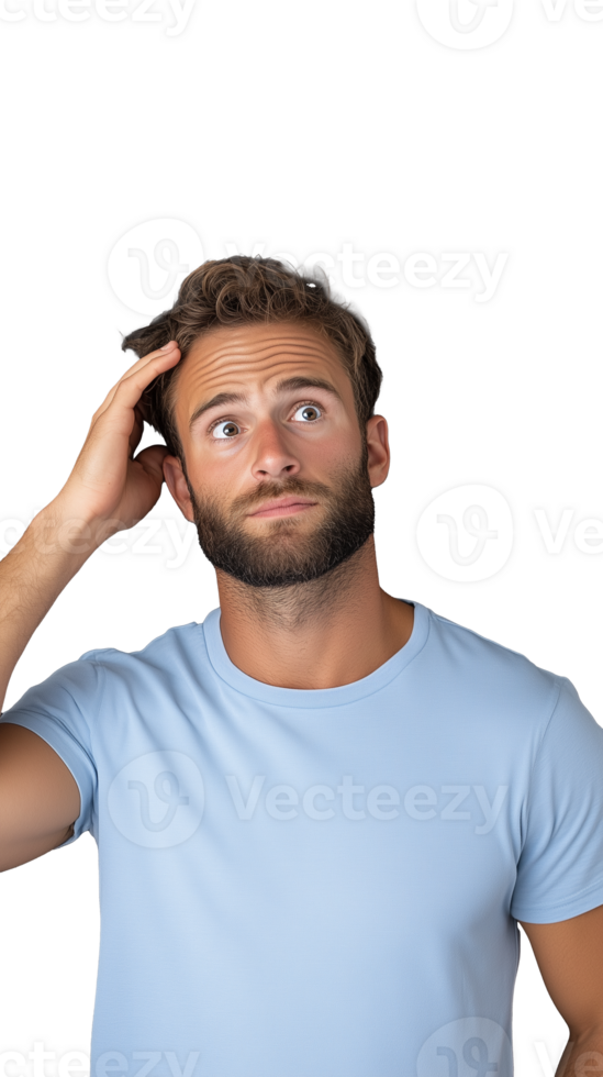 Confused young man scratching head in blue shirt on transparent background png