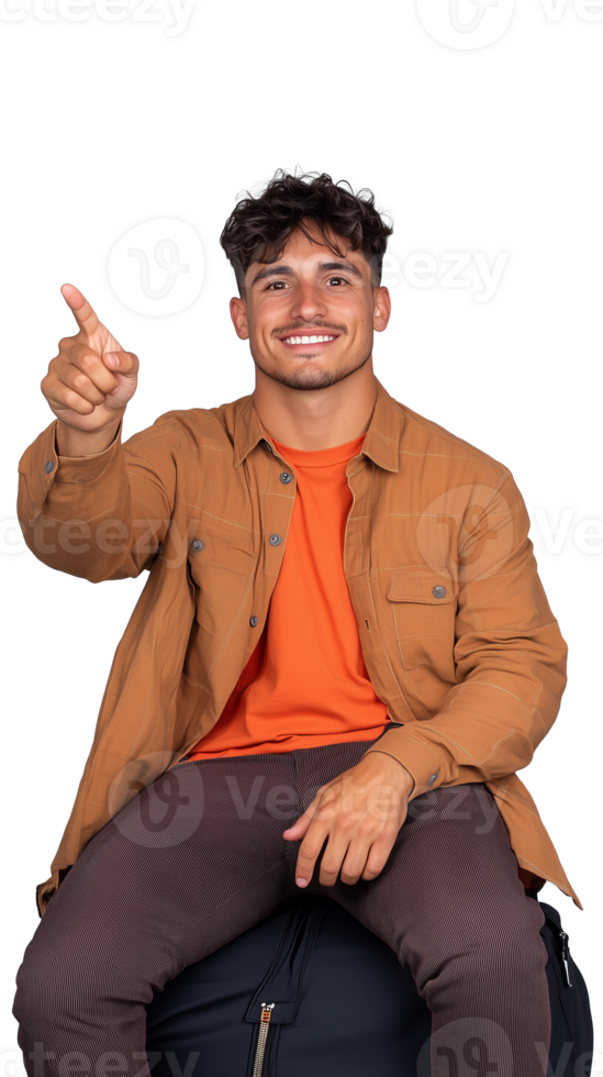 Smiling young man pointing finger forward, wearing orange jacket on transparent background png