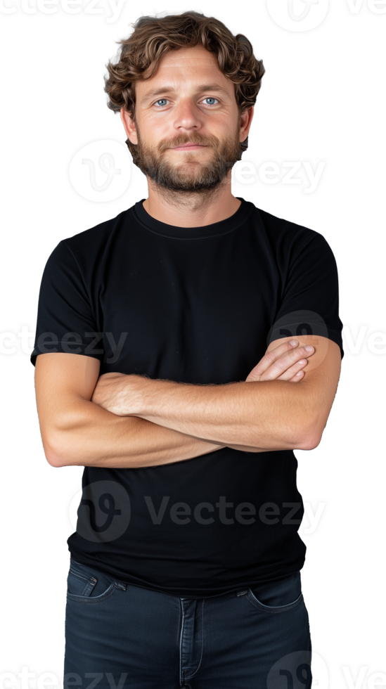 Man in black t-shirt crossing arms and looking confident on transparent background png