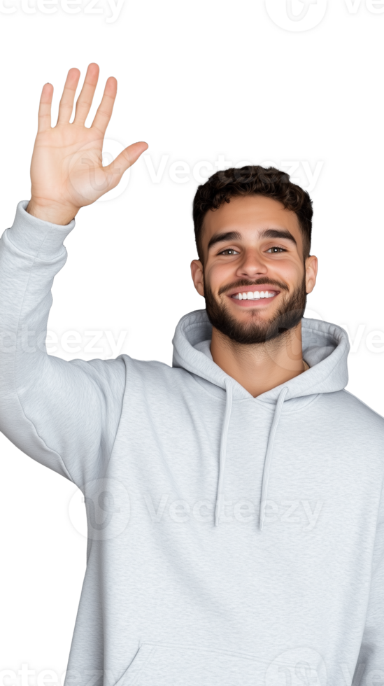 Smiling young man in hoodie waving hand, friendly gesture on transparent background png