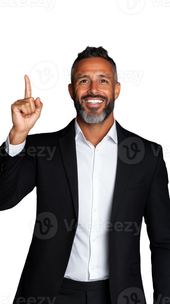 Smiling businessman in black suit pointing finger upwards on transparent background png