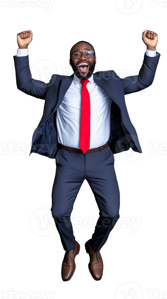 Excited businessman jumping in air with fists raised, celebrating on transparent background png