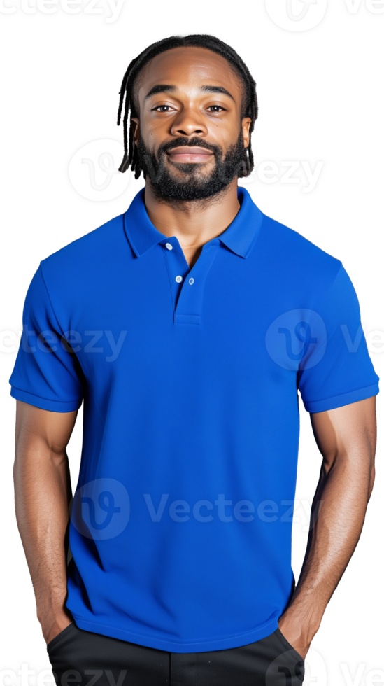 Confident man in blue polo shirt standing casually on transparent background png