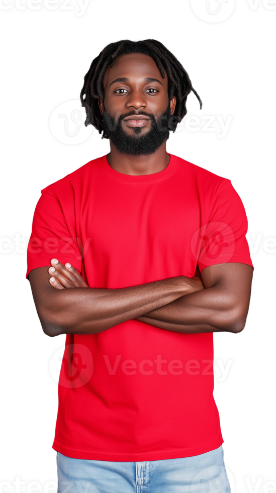 Confident man in red t-shirt crossing arms and standing on transparent background png