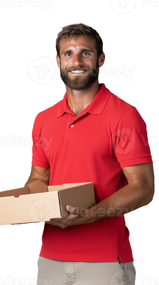 Smiling man in red polo shirt holding cardboard box on transparent background png