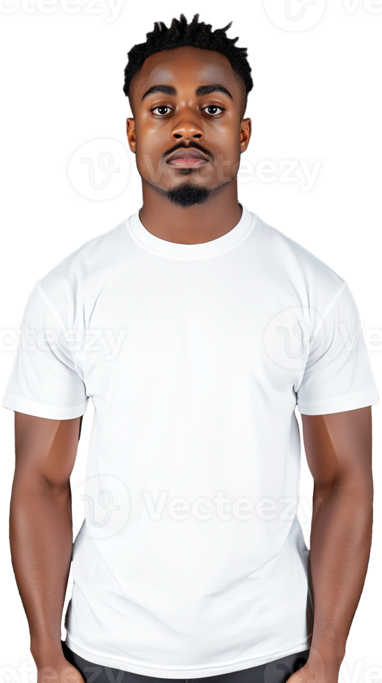 Young man in white t-shirt standing confidently with serious expression on transparent background png