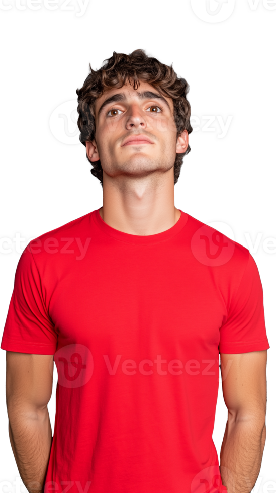 Serious man in red t-shirt standing with thoughtful expression on transparent background png