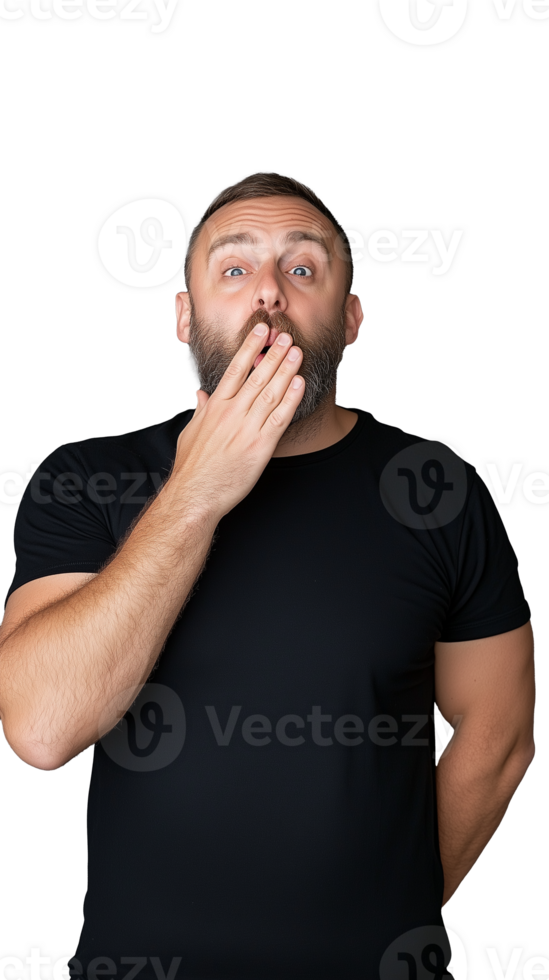 Surprised man in black t-shirt covering mouth with hand on transparent background png