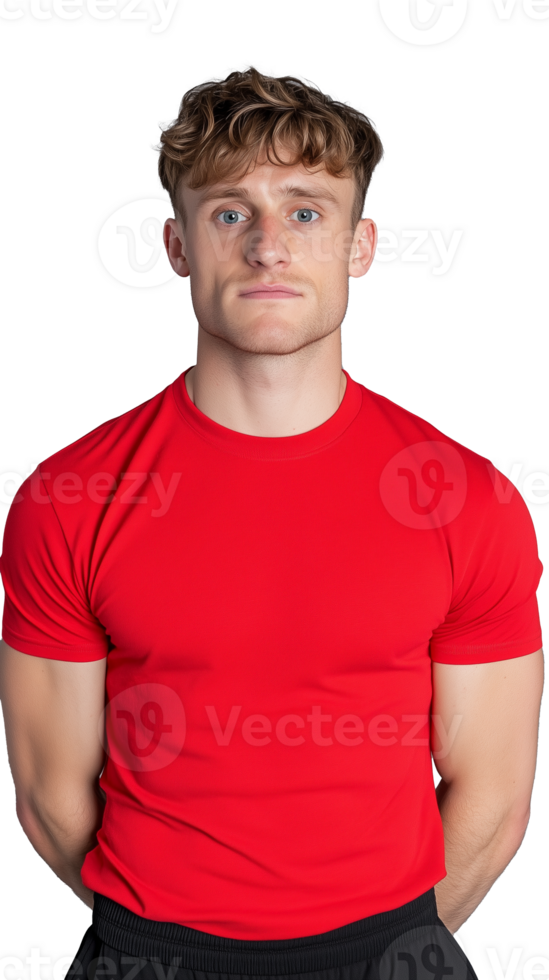 Young man in red t-shirt standing confidently with serious expression on transparent background png