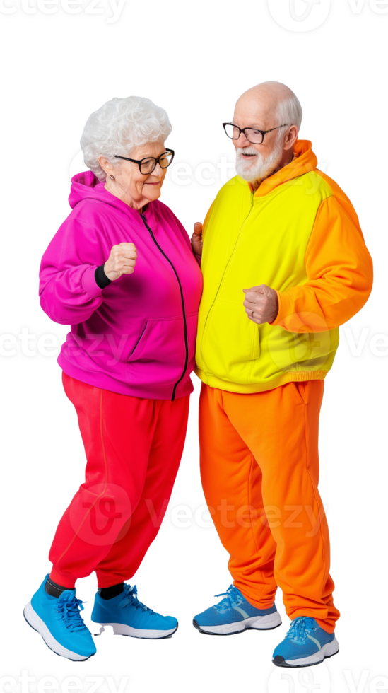 Senior couple in colorful sportswear cheering together on transparent background png