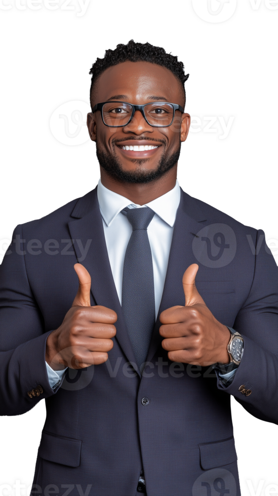 Smiling man in suit giving thumbs up with both hands on transparent background png