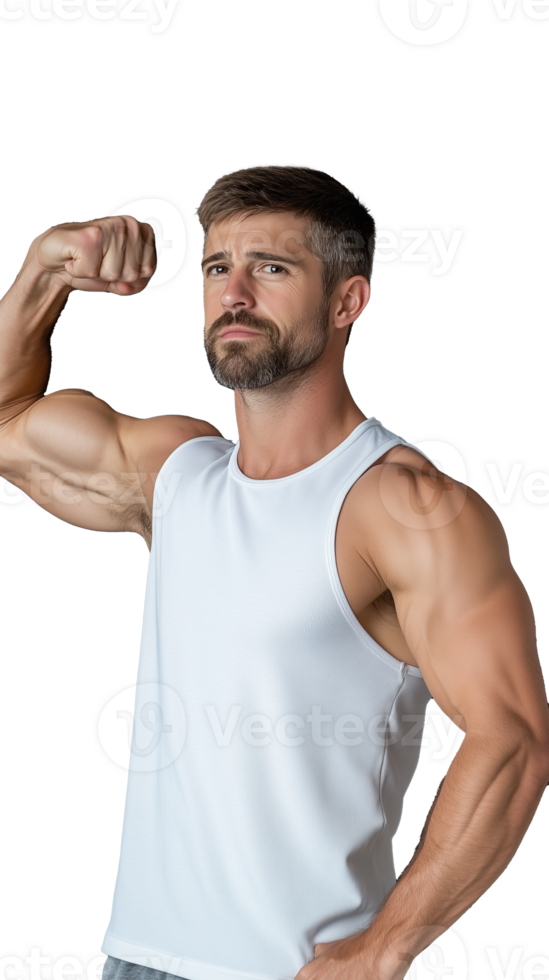 Muscular man flexing bicep in white tank top on transparent background png