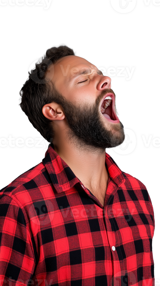 Man yawning in red checkered shirt with mouth wide open on transparent background png