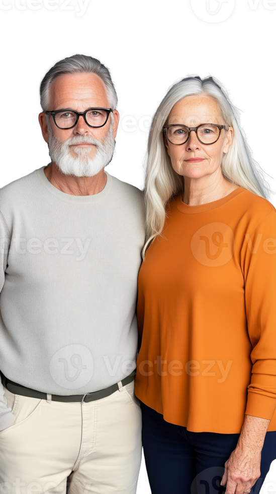 Smiling elderly couple standing together, both wearing glasses on transparent background png