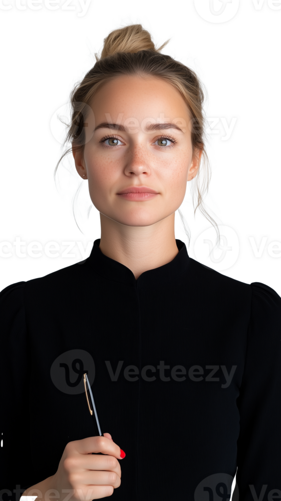 Serious woman in black blouse holding pen on transparent background png