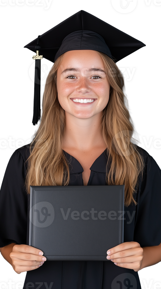 Smiling graduate in cap and gown holding diploma on transparent background png