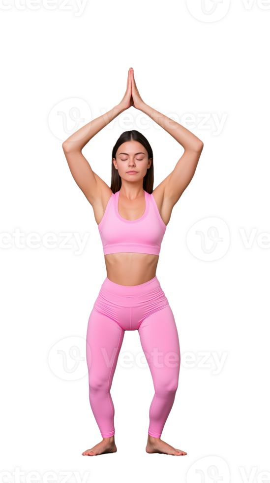 Young woman in pink yoga outfit standing in tree pose on transparent background png