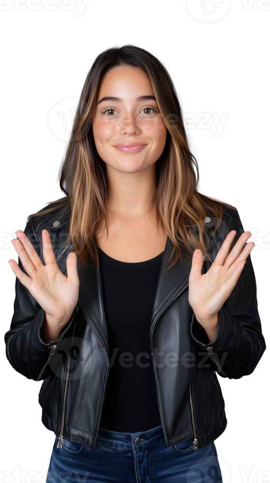 Smiling young woman in black leather jacket with palms raised on transparent background png