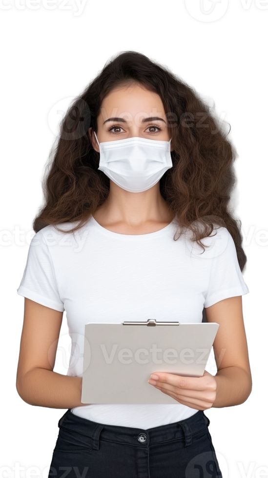 Serious young woman wearing face mask and holding clipboard on transparent background png