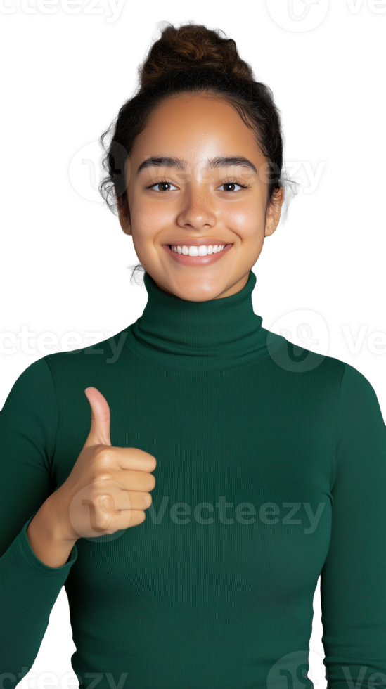 Smiling young woman in green sweater giving thumbs up on transparent background png