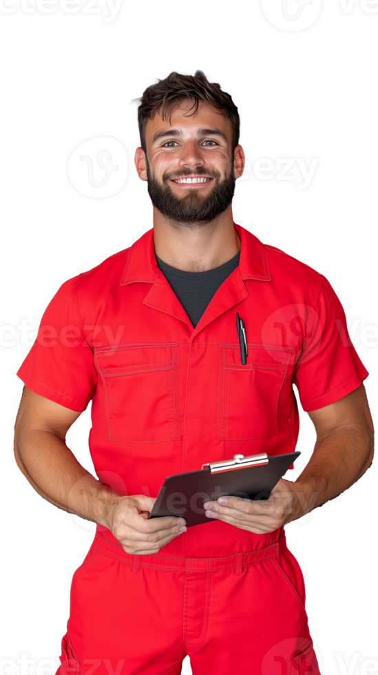 Smiling man in red uniform holding clipboard on transparent background png