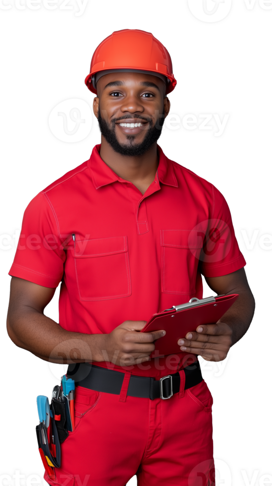 Smiling man in red shirt and construction helmet holding clipboard on transparent background png