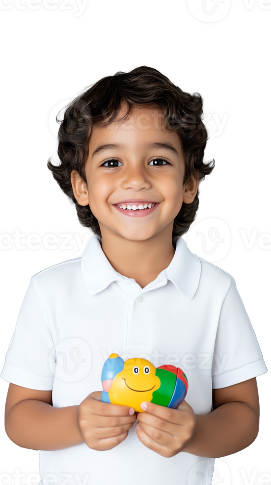 Smiling boy holding toy bee on transparent background png