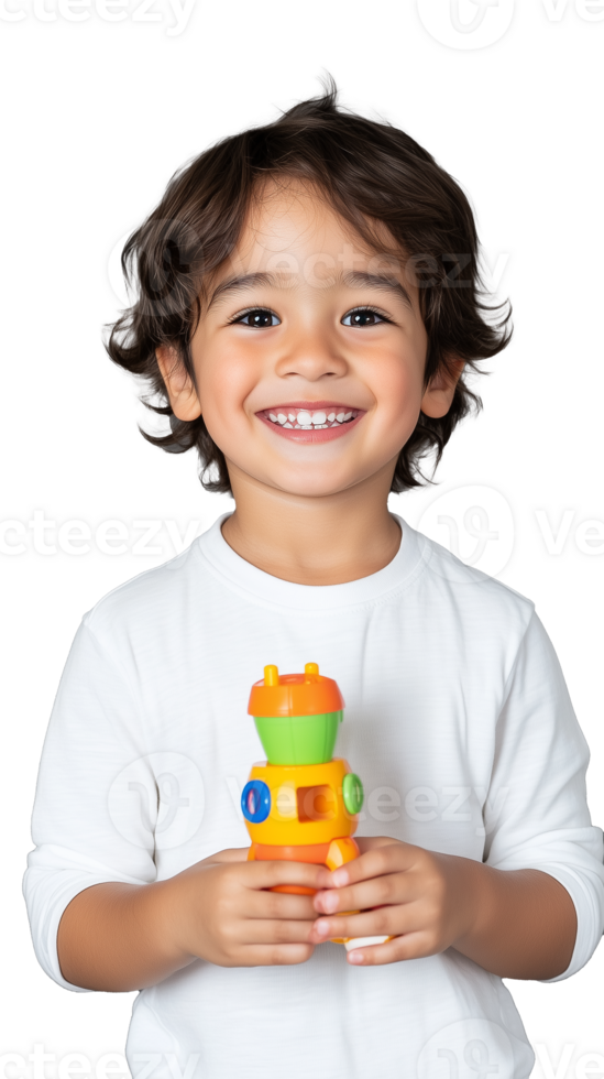 Smiling boy holding colorful toy on transparent background png