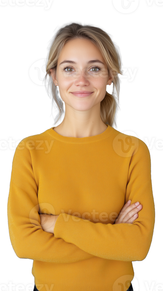 Smiling young woman in yellow sweater with arms crossed on transparent background png
