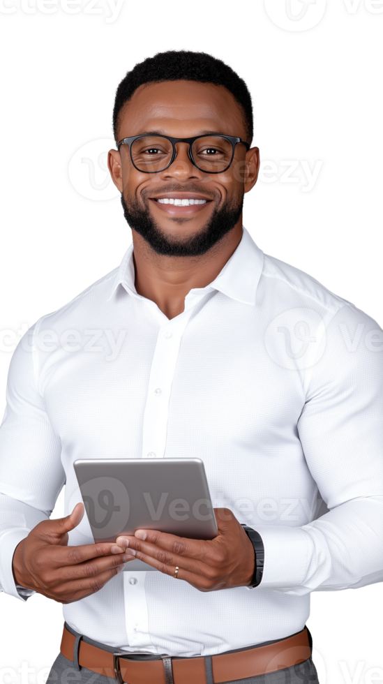 Smiling man holding tablet on a transparent background png