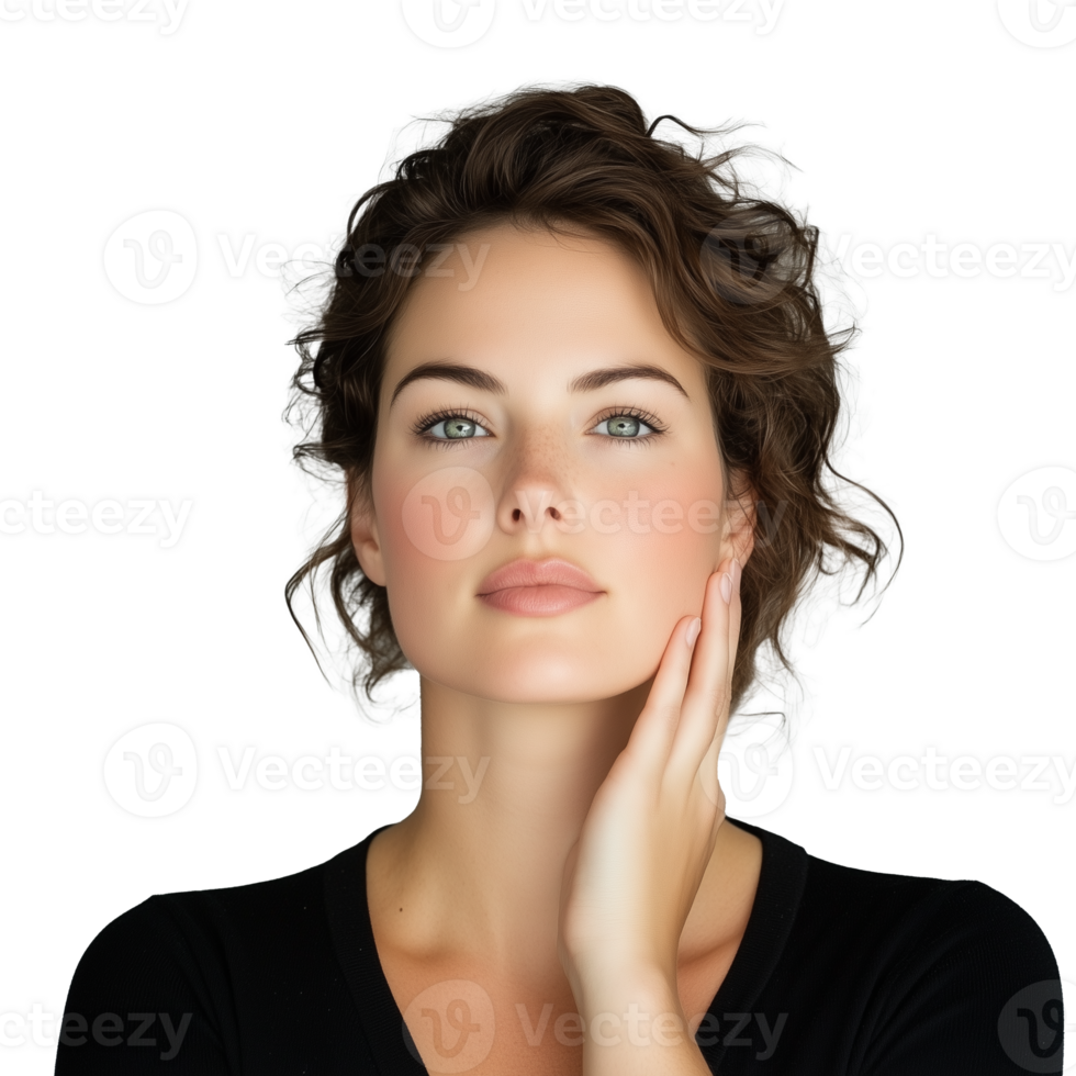 Close-up portrait of thoughtful woman with hand on face on a transparent background png
