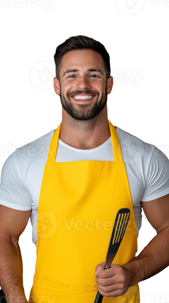 Smiling man in yellow apron holding spatula on a transparent background png