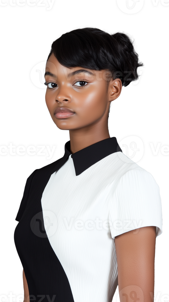 Woman in black and white dress posing on a transparent background