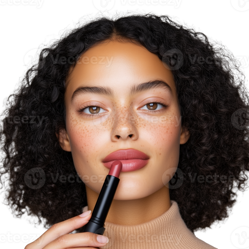 Woman applying lipstick with hand on chin on a transparent background png