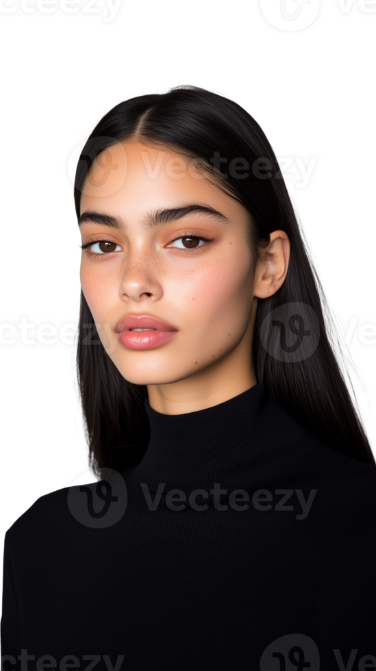 Serious woman in black turtleneck posing on a transparent background png