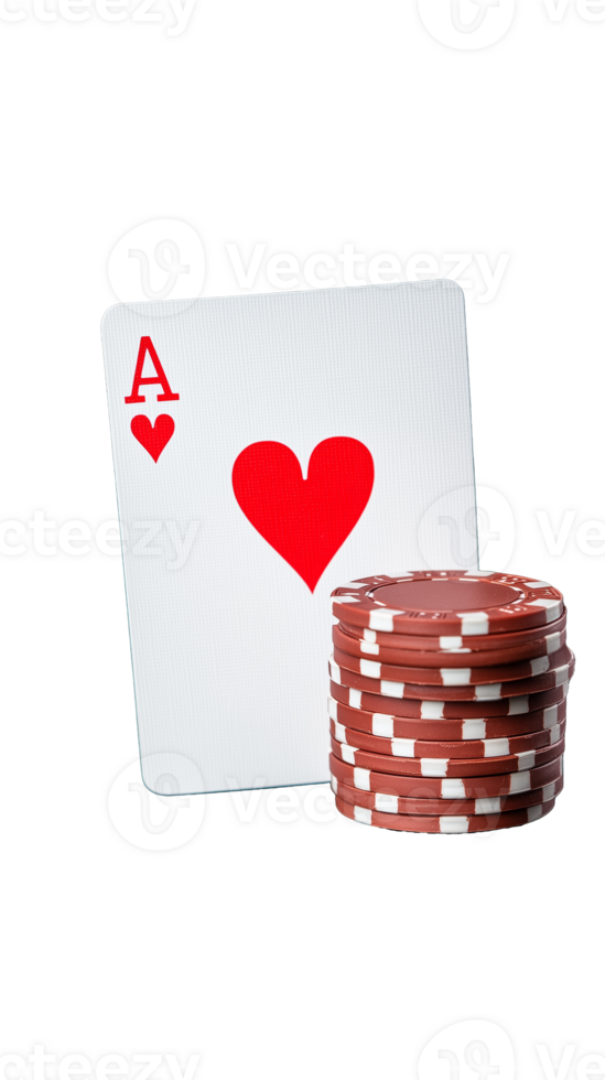 Stack of poker chips with ace of hearts card on a transparent background png