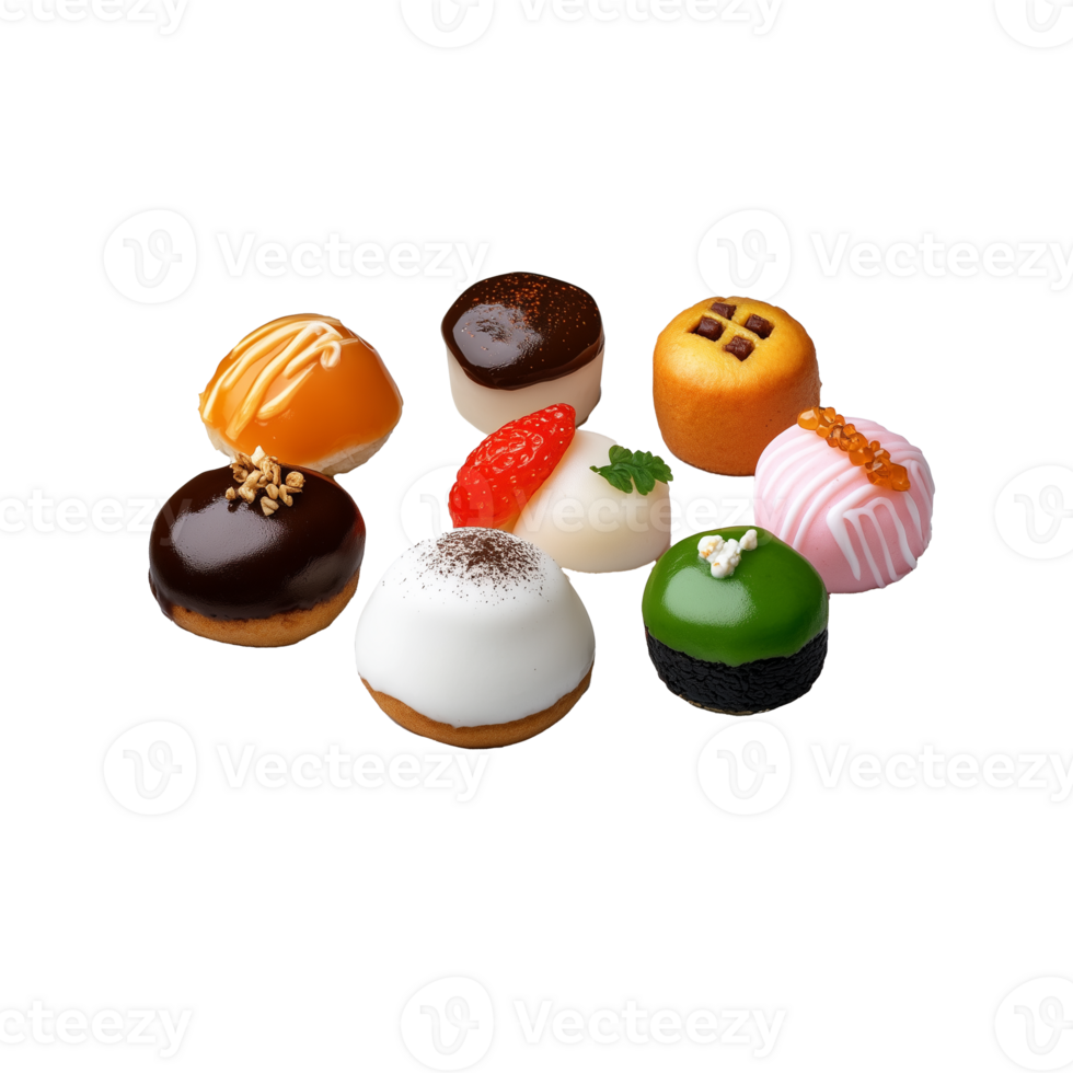 Assorted colorful chocolates and pastries on a transparent background png