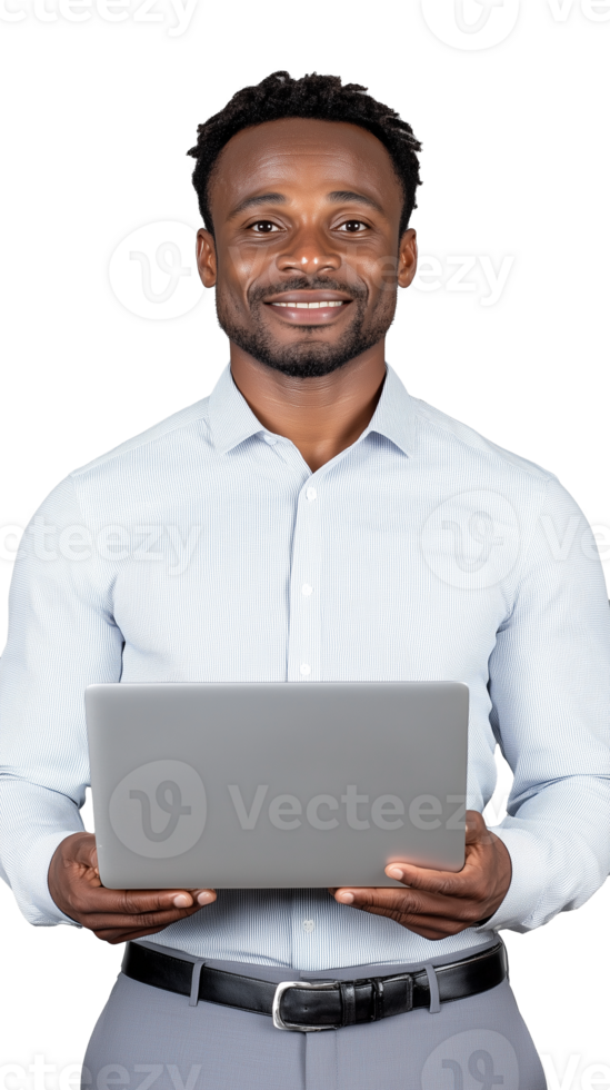 Smiling man holding laptop in professional attire on a transparent background png