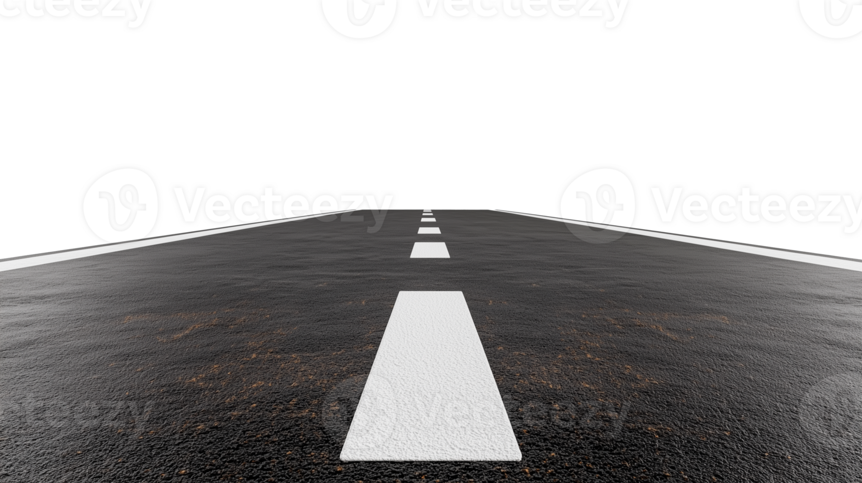 Asphalt road with white dashed line extending forward on a transparent background png