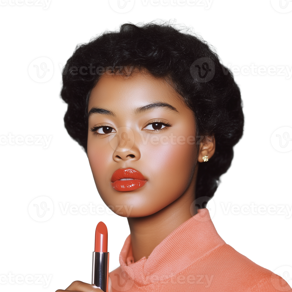 Woman applying red lipstick with thoughtful expression on a transparent background png