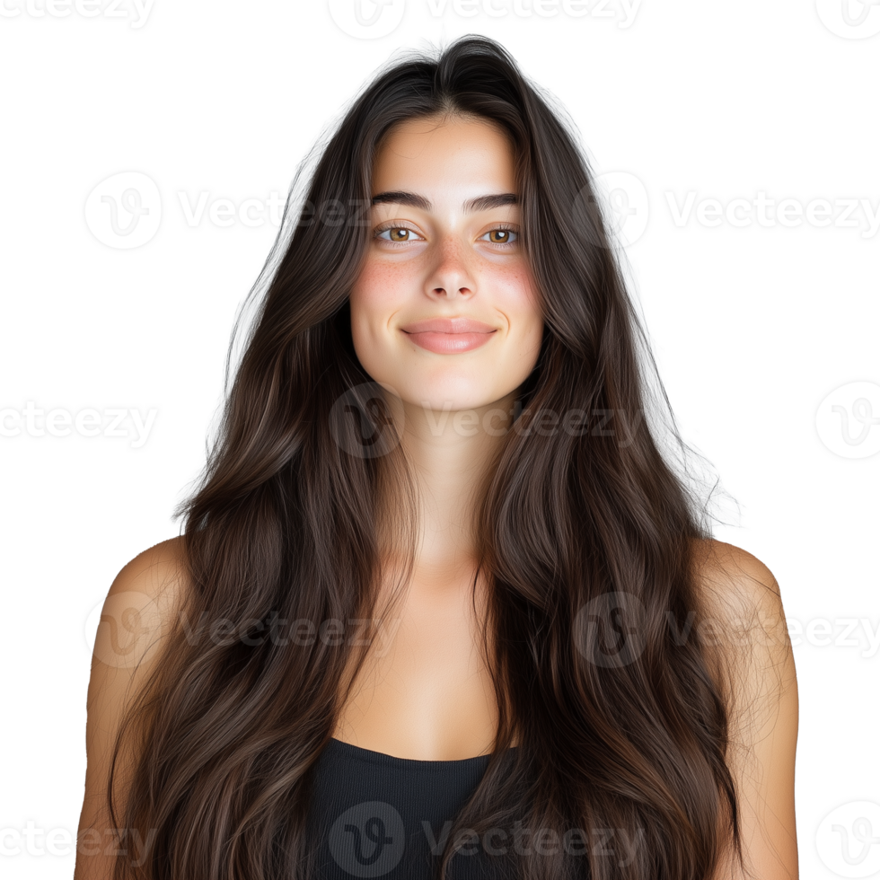 Smiling woman with long dark hair wearing a black tank top on a transparent background png