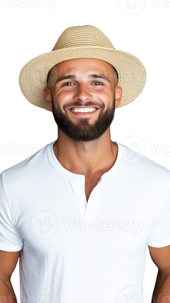 Smiling man wearing a straw hat and white t-shirt on a transparent background png