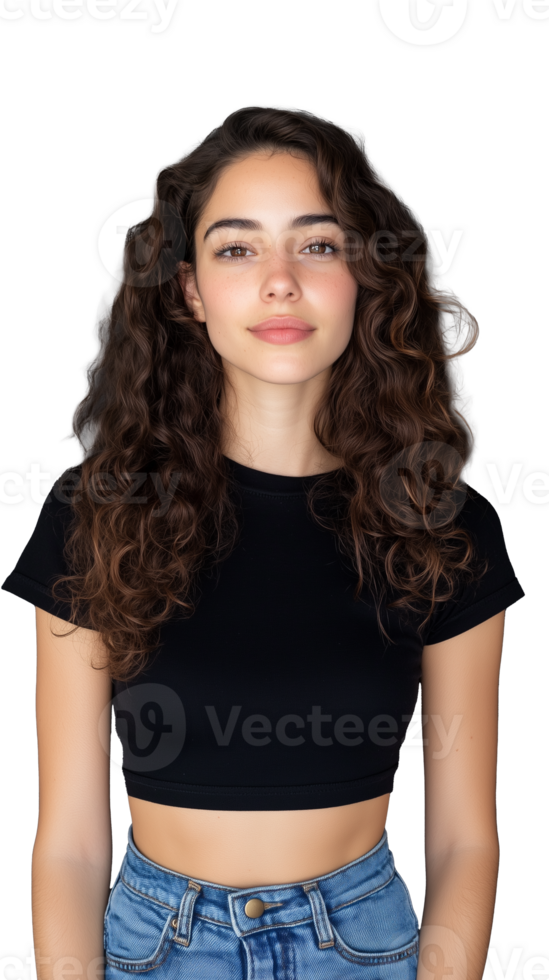 Smiling young woman with curly hair in black crop top on a transparent background png